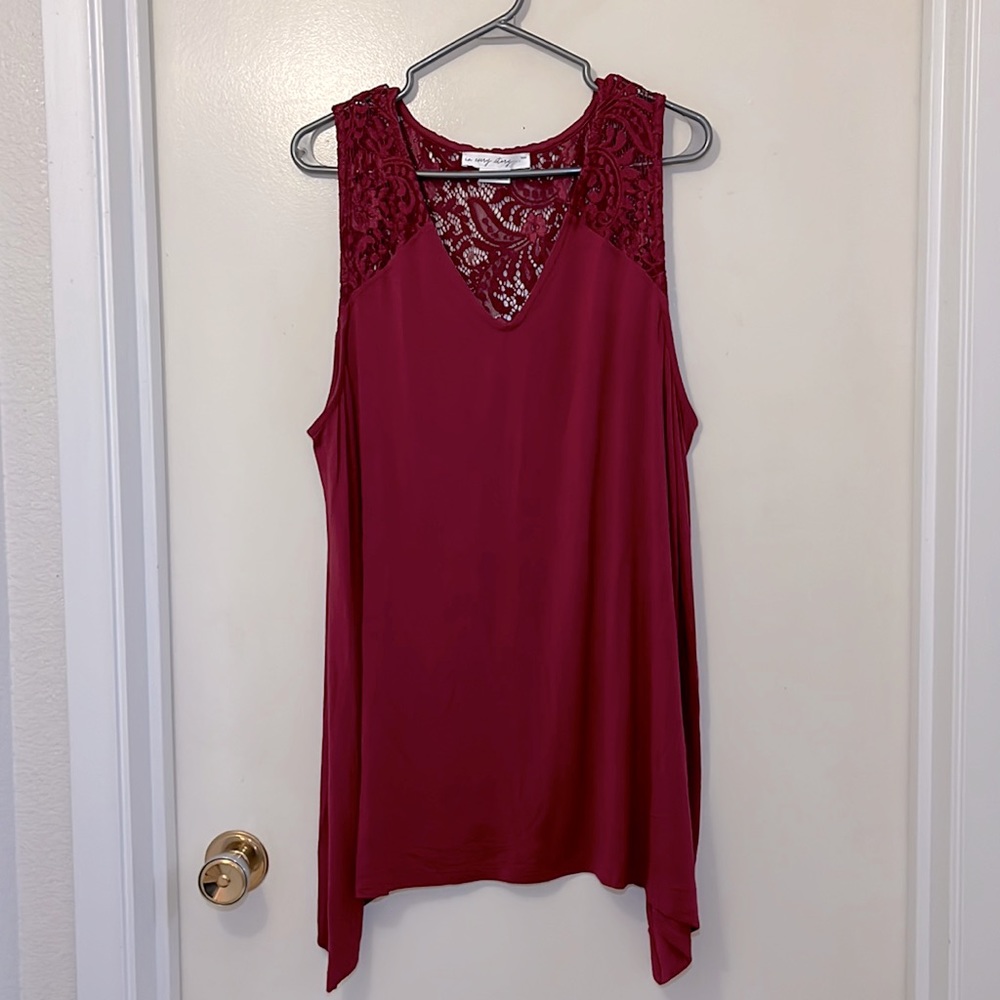 In Every Story 2X sleeveless tunic with asymmetric hem and lace details